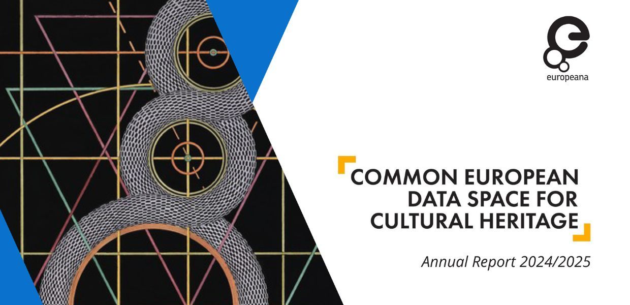 Cover of report titled Common European Data Space for Cultural Heritage Annual Report 2024/2025, featuring geometric art with circles and colorful grid lines on a black background.